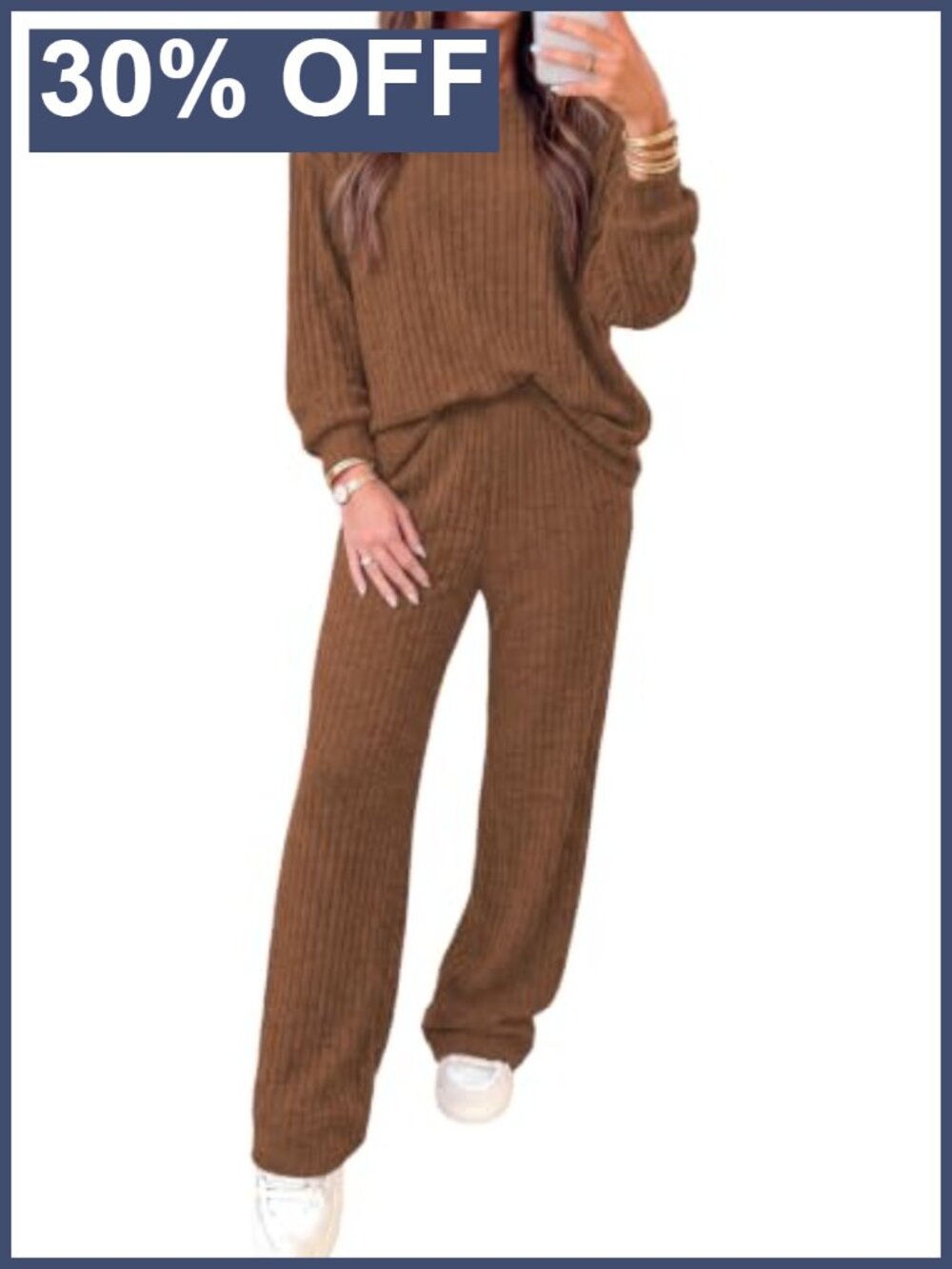 Ribbed Knit Lounge Set 2 Piece Sweater Pants Set Wide Leg Pockets
